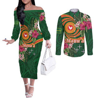 Personalised Manuʻa Islands Couples Matching Off The Shoulder Long Sleeve Dress and Long Sleeve Button Shirt Polynesian Art Tattoo Style and Tropical Plants LT03 Green - Polynesian Pride