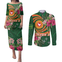 Personalised Manuʻa Islands Couples Matching Puletasi and Long Sleeve Button Shirt Polynesian Art Tattoo Style and Tropical Plants LT03 Green - Polynesian Pride