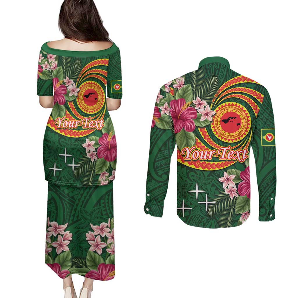 Personalised Manuʻa Islands Couples Matching Puletasi and Long Sleeve Button Shirt Polynesian Art Tattoo Style and Tropical Plants LT03 - Polynesian Pride