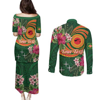 Personalised Manuʻa Islands Couples Matching Puletasi and Long Sleeve Button Shirt Polynesian Art Tattoo Style and Tropical Plants LT03 - Polynesian Pride