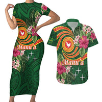 Manuʻa Islands Couples Matching Short Sleeve Bodycon Dress and Hawaiian Shirt Polynesian Art Tattoo Style and Tropical Plants