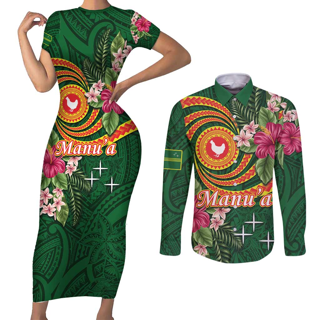 Personalised Manuʻa Islands Couples Matching Short Sleeve Bodycon Dress and Long Sleeve Button Shirt Polynesian Art Tattoo Style and Tropical Plants LT03 Green - Polynesian Pride