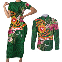 Personalised Manuʻa Islands Couples Matching Short Sleeve Bodycon Dress and Long Sleeve Button Shirt Polynesian Art Tattoo Style and Tropical Plants LT03 Green - Polynesian Pride