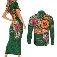 Personalised Manuʻa Islands Couples Matching Short Sleeve Bodycon Dress and Long Sleeve Button Shirt Polynesian Art Tattoo Style and Tropical Plants LT03 - Polynesian Pride
