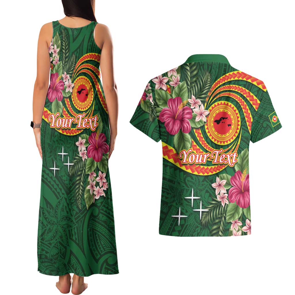 Manuʻa Islands Couples Matching Tank Maxi Dress and Hawaiian Shirt Polynesian Art Tattoo Style and Tropical Plants