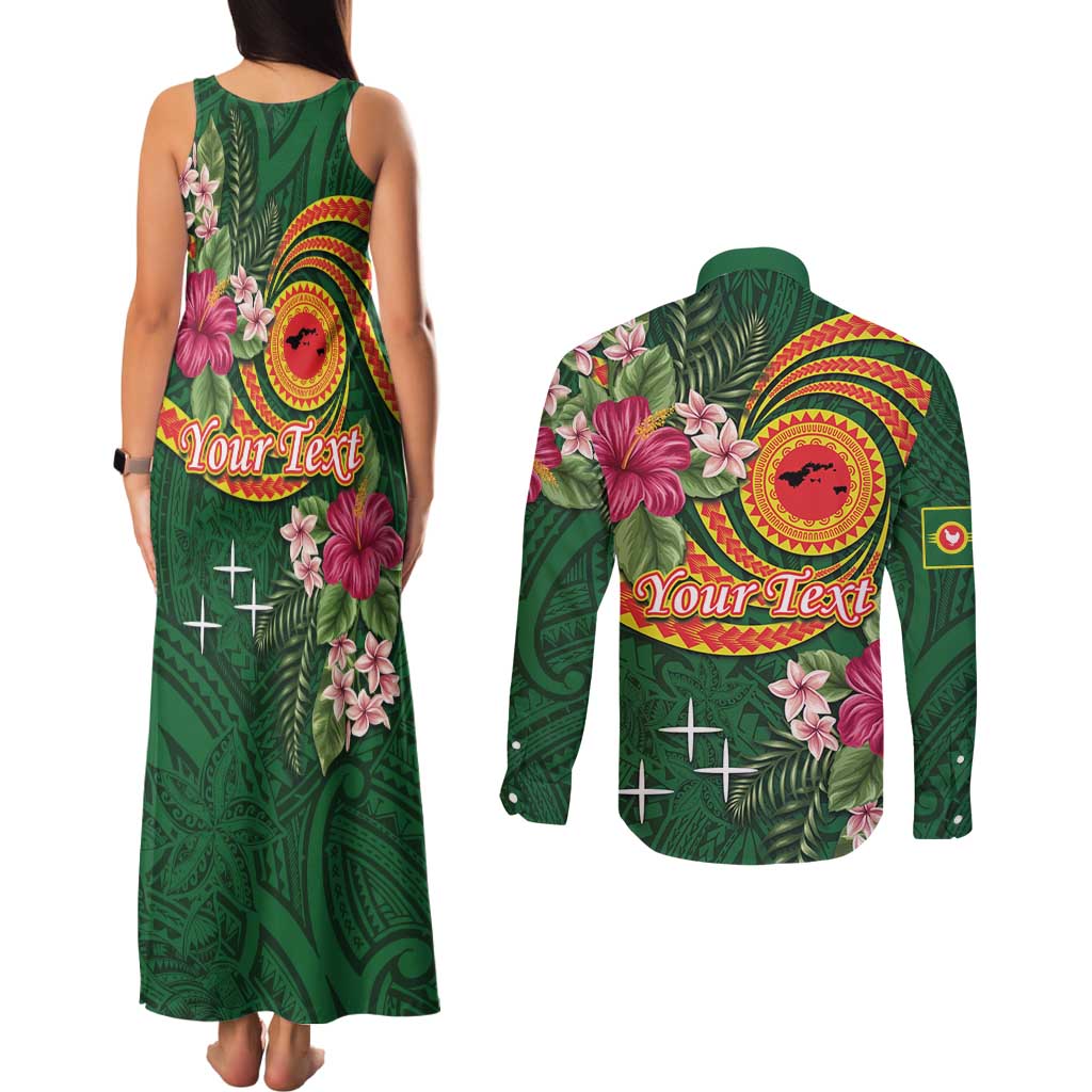 Manuʻa Islands Couples Matching Tank Maxi Dress and Long Sleeve Button Shirt Polynesian Art Tattoo Style and Tropical Plants