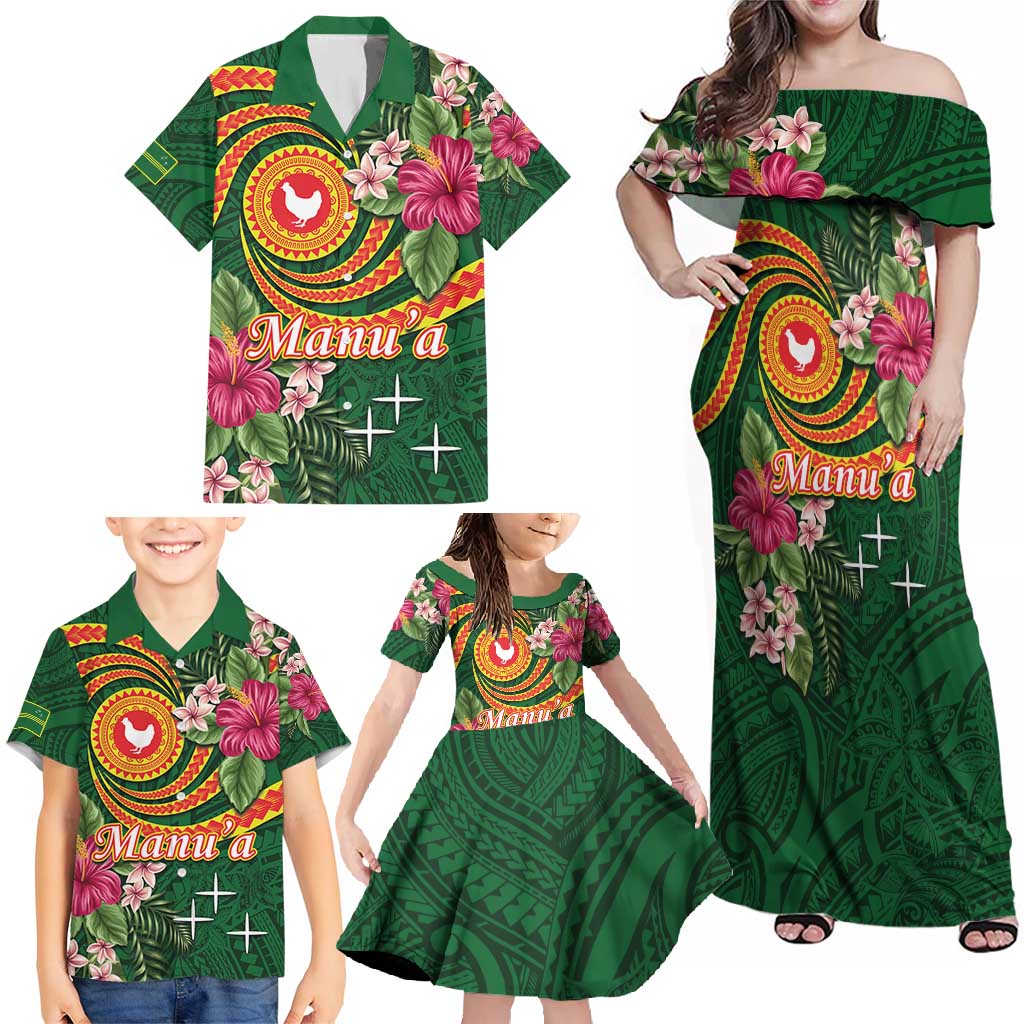 Manuʻa Islands Family Matching Off Shoulder Maxi Dress and Hawaiian Shirt Polynesian Art Tattoo Style and Tropical Plants