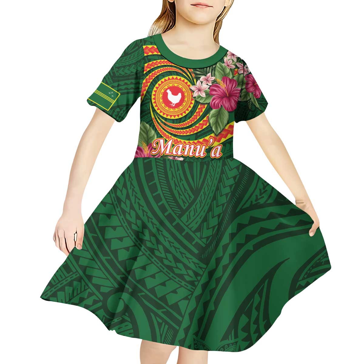Manuʻa Islands Kid Short Sleeve Dress Polynesian Art Tattoo Style and Tropical Plants