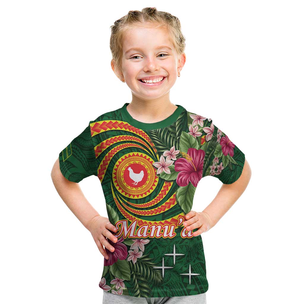 Personalised Manuʻa Islands Kid T Shirt Polynesian Art Tattoo Style and Tropical Plants LT03 Green - Polynesian Pride