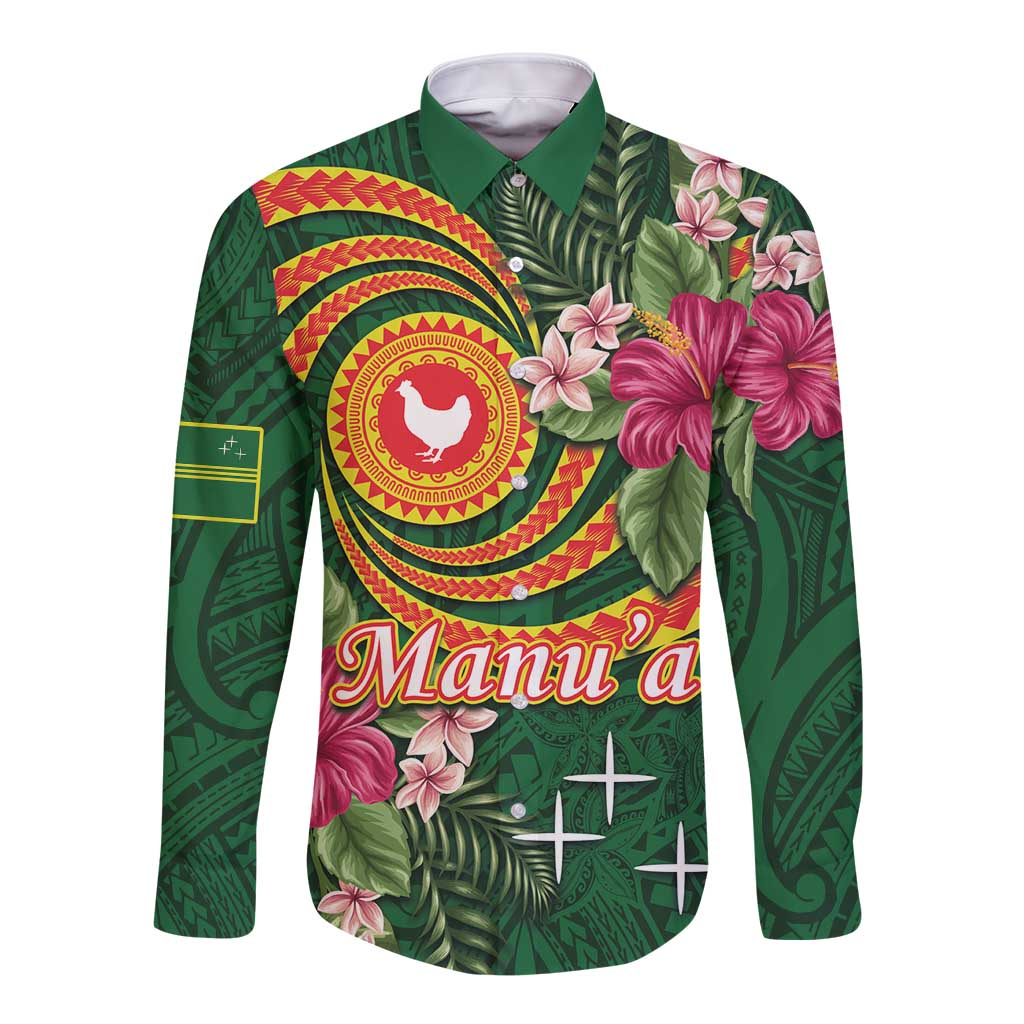 Personalised Manuʻa Islands Long Sleeve Button Shirt Polynesian Art Tattoo Style and Tropical Plants LT03 Unisex Green - Polynesian Pride