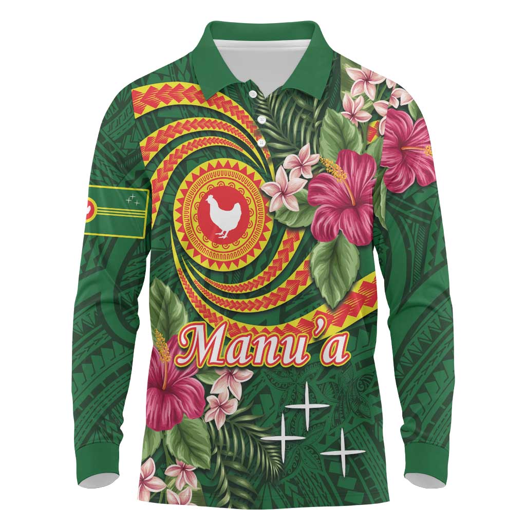 Personalised Manuʻa Islands Long Sleeve Polo Shirt Polynesian Art Tattoo Style and Tropical Plants LT03 Green - Polynesian Pride