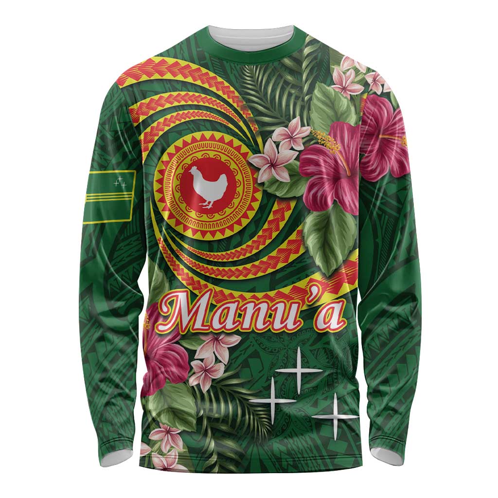 Personalised Manuʻa Islands Long Sleeve Shirt Polynesian Art Tattoo Style and Tropical Plants LT03 Unisex Green - Polynesian Pride