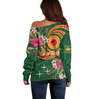 Manuʻa Islands Off Shoulder Sweater Polynesian Art Tattoo Style and Tropical Plants