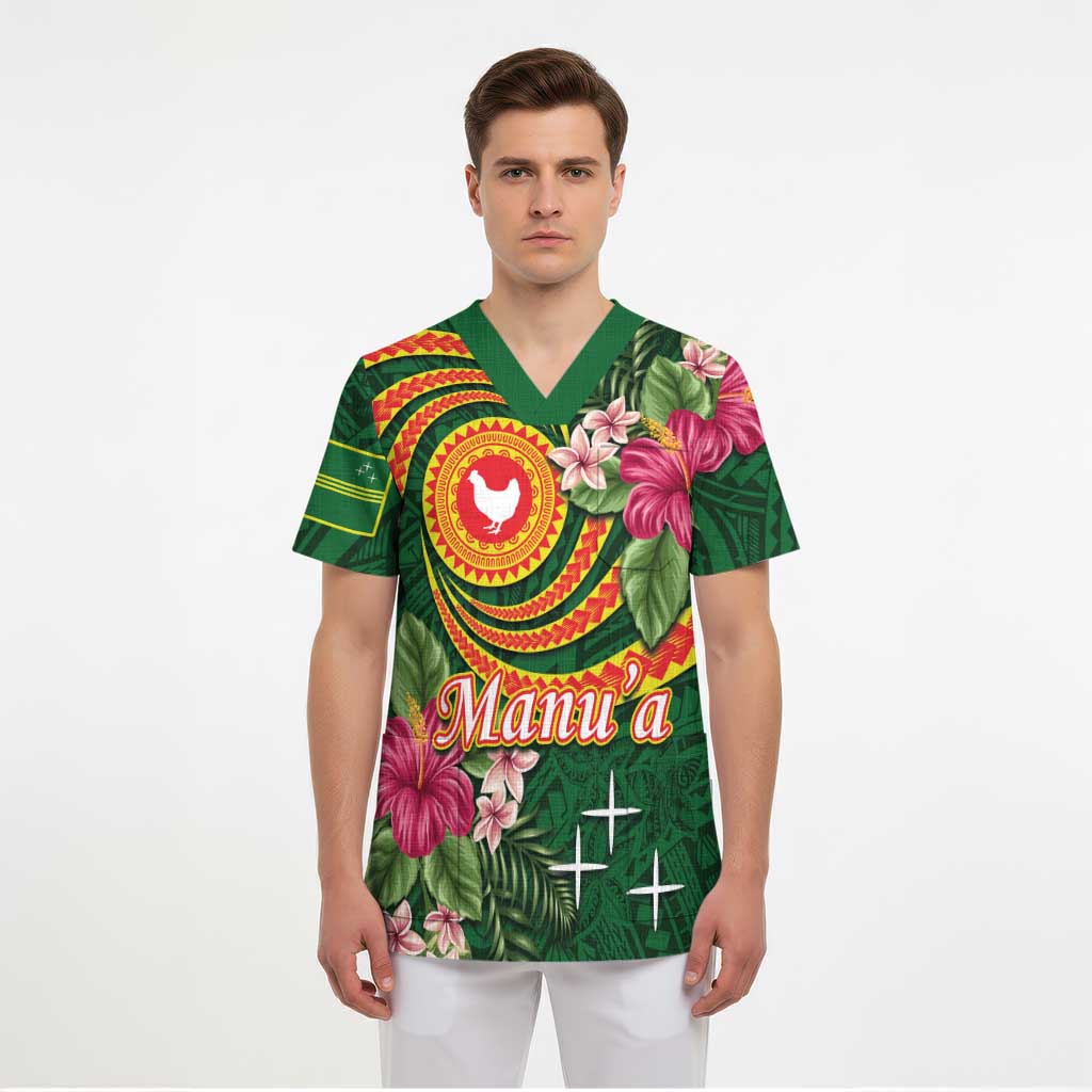 Manuʻa Islands Scrub Top Polynesian Art Tattoo Style and Tropical Plants - Polynesian Pride