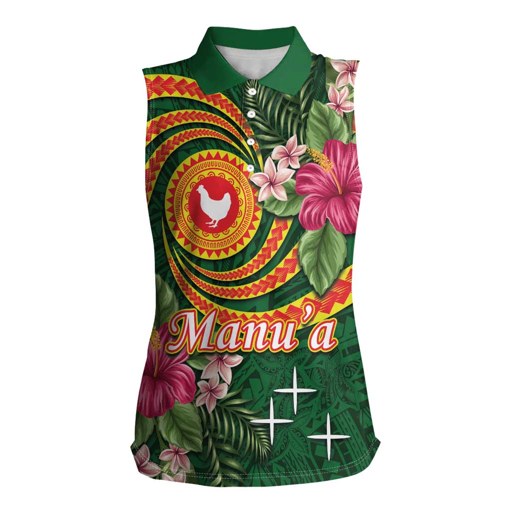 Personalised Manuʻa Islands Women Sleeveless Polo Shirt Polynesian Art Tattoo Style and Tropical Plants LT03 Female Green - Polynesian Pride