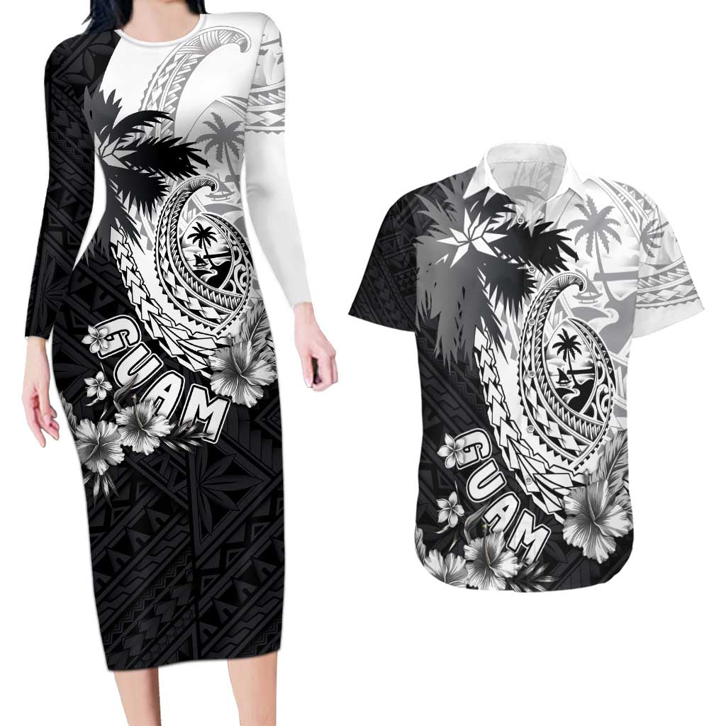 Hafa Adai Guam Couples Matching Long Sleeve Bodycon Dress and Hawaiian Shirt Polynesian Palm Tree Tattoo Hibiscus and Plumeria Art