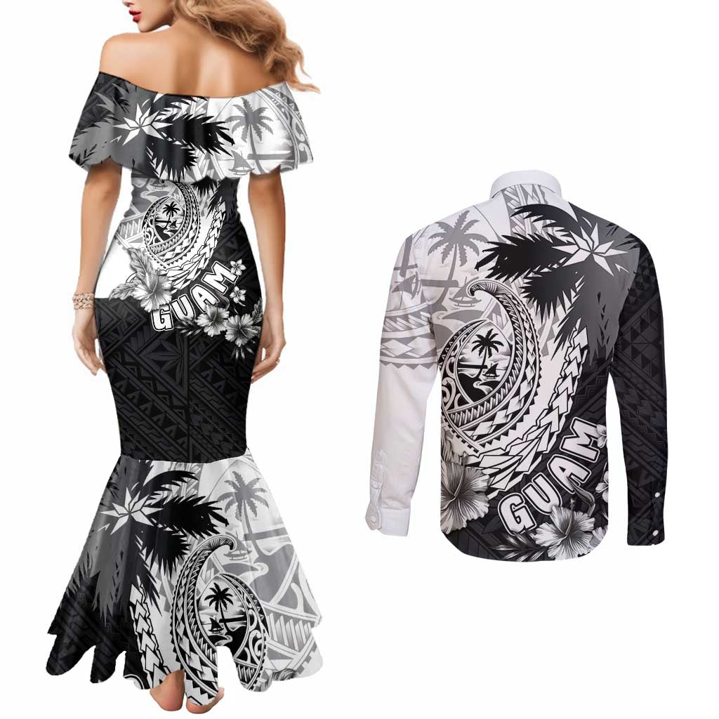 Hafa Adai Guam Couples Matching Mermaid Dress and Long Sleeve Button Shirt Polynesian Palm Tree Tattoo Hibiscus and Plumeria Art
