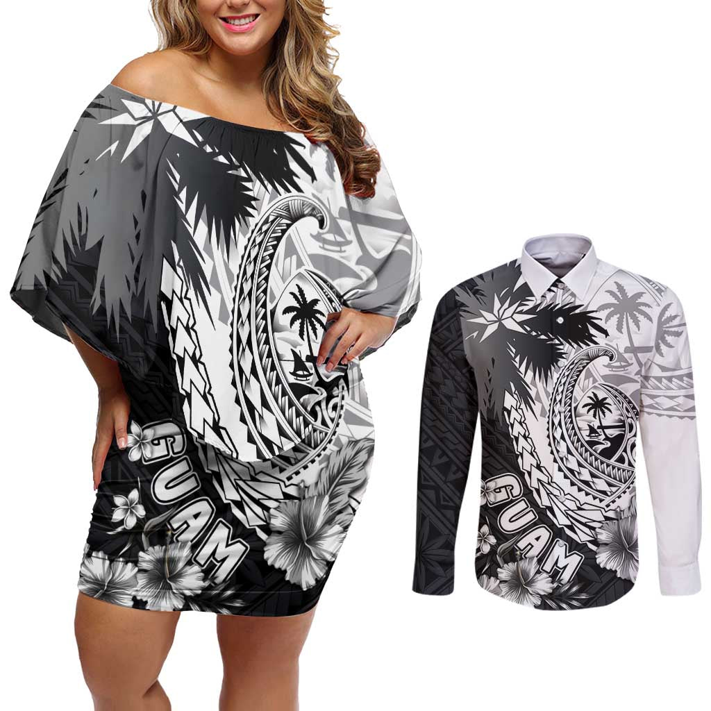 Hafa Adai Guam Couples Matching Off Shoulder Short Dress and Long Sleeve Button Shirt Polynesian Palm Tree Tattoo Hibiscus and Plumeria Art
