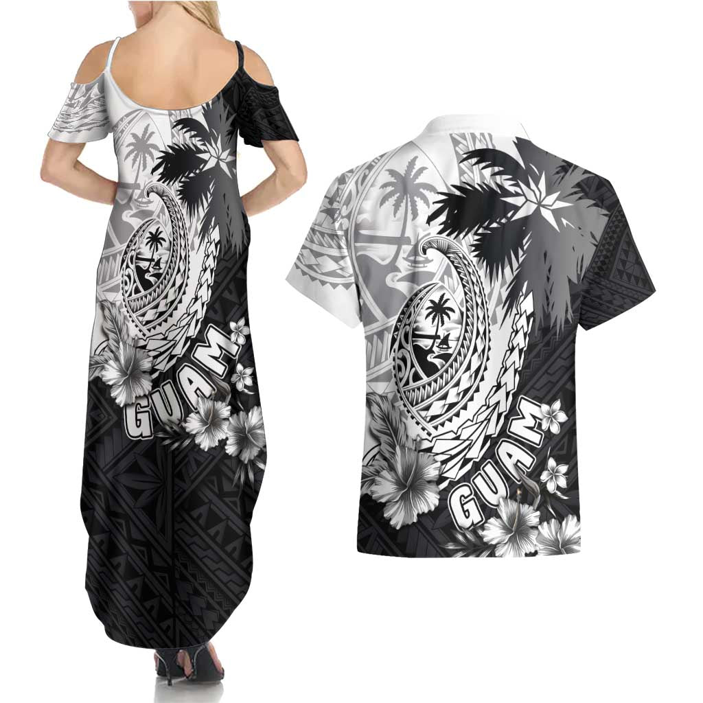 Hafa Adai Guam Couples Matching Summer Maxi Dress and Hawaiian Shirt Polynesian Palm Tree Tattoo Hibiscus and Plumeria Art