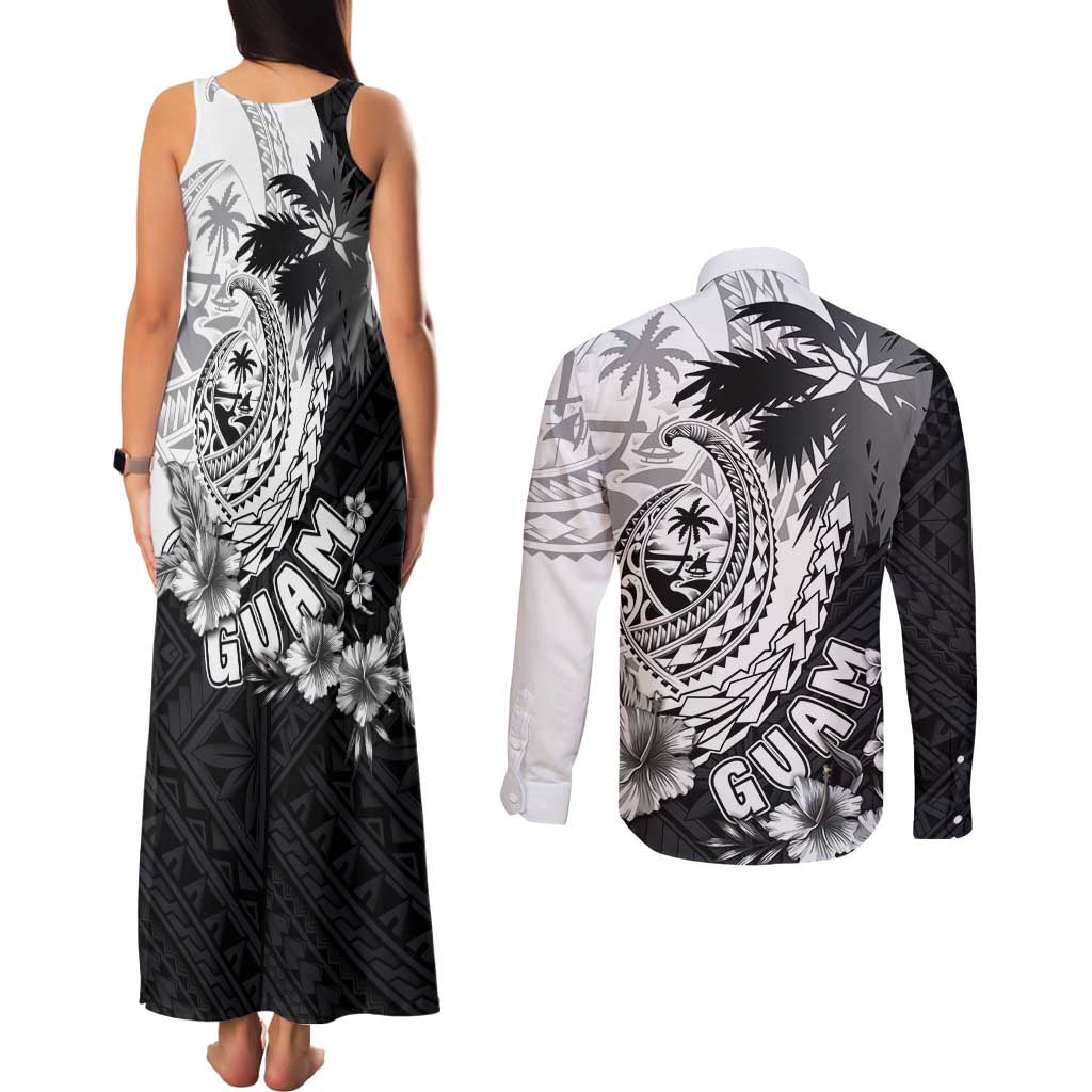 Hafa Adai Guam Couples Matching Tank Maxi Dress and Long Sleeve Button Shirt Polynesian Palm Tree Tattoo Hibiscus and Plumeria Art