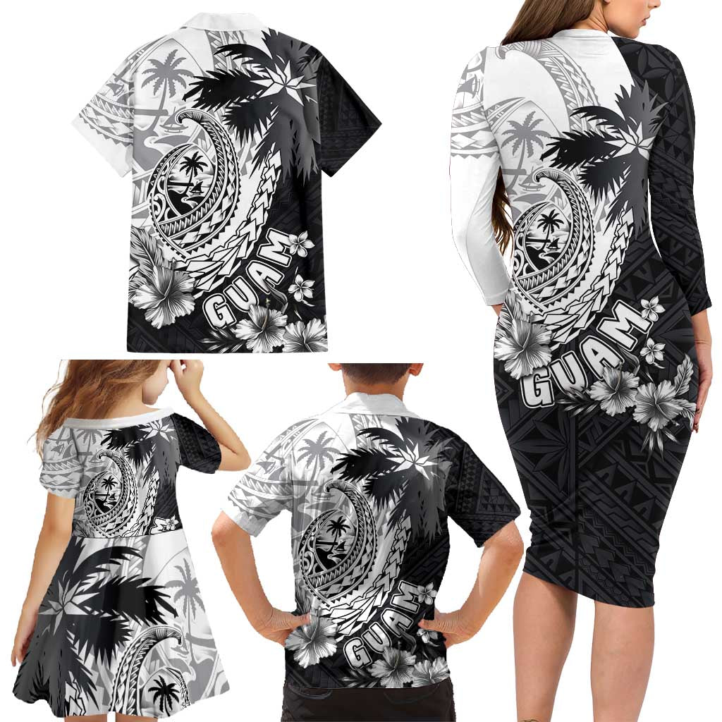 Hafa Adai Guam Family Matching Long Sleeve Bodycon Dress and Hawaiian Shirt Polynesian Palm Tree Tattoo Hibiscus and Plumeria Art