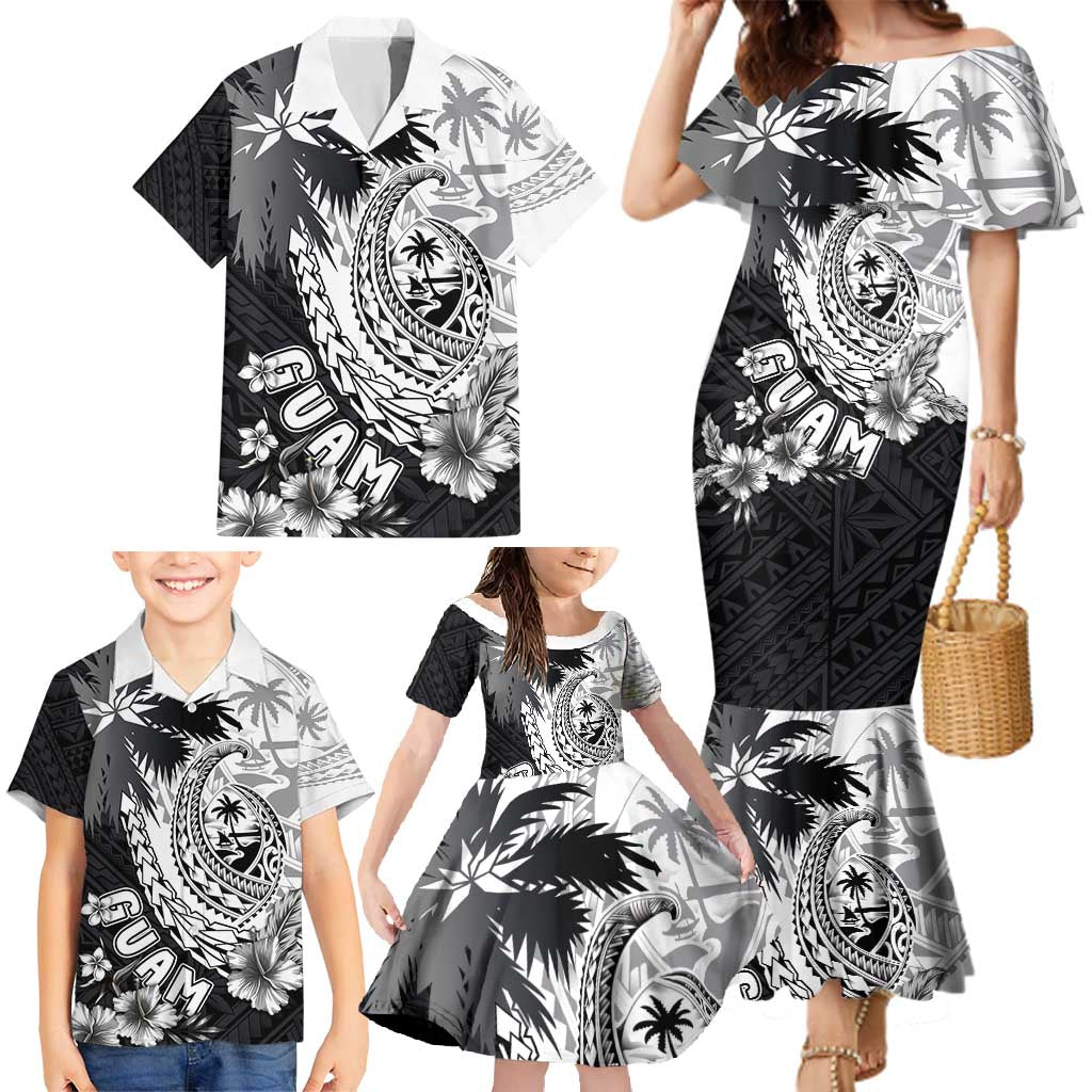 Hafa Adai Guam Family Matching Mermaid Dress and Hawaiian Shirt Polynesian Palm Tree Tattoo Hibiscus and Plumeria Art