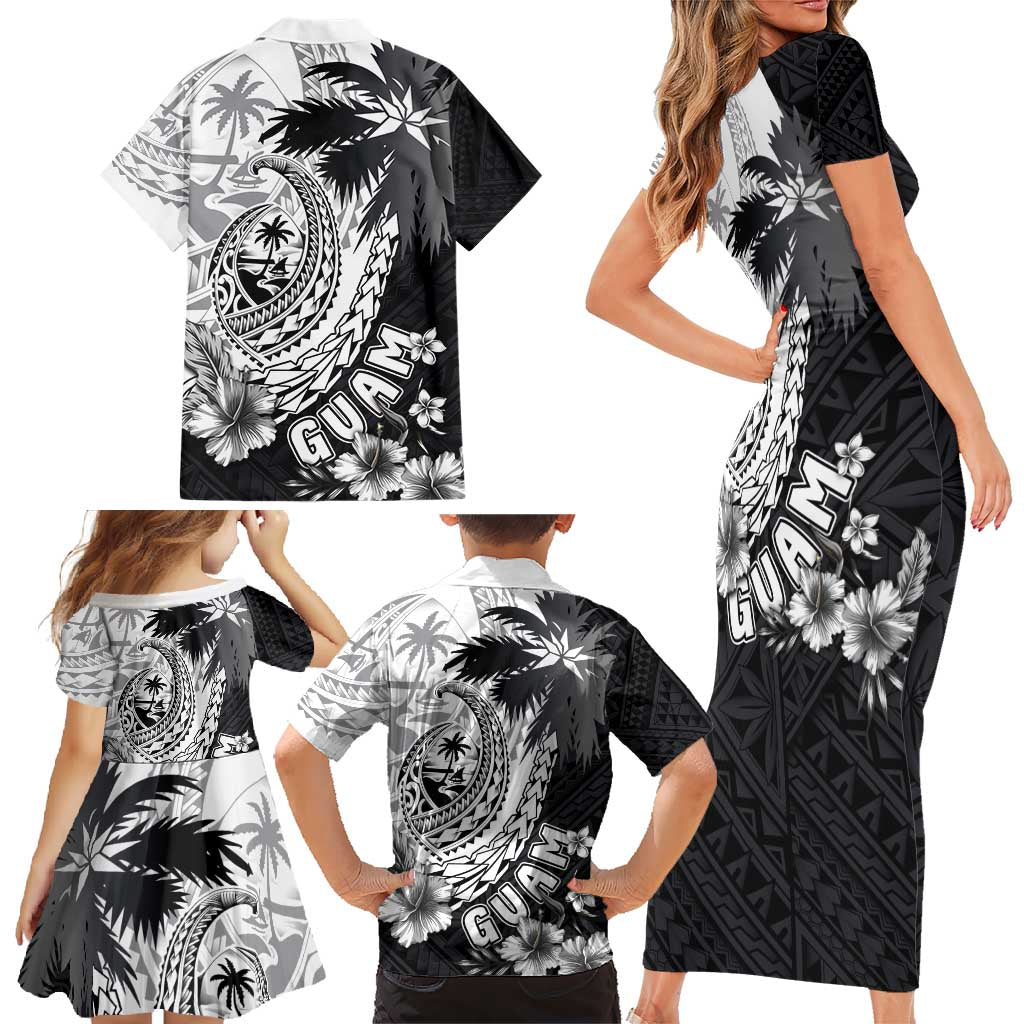 Hafa Adai Guam Family Matching Short Sleeve Bodycon Dress and Hawaiian Shirt Polynesian Palm Tree Tattoo Hibiscus and Plumeria Art