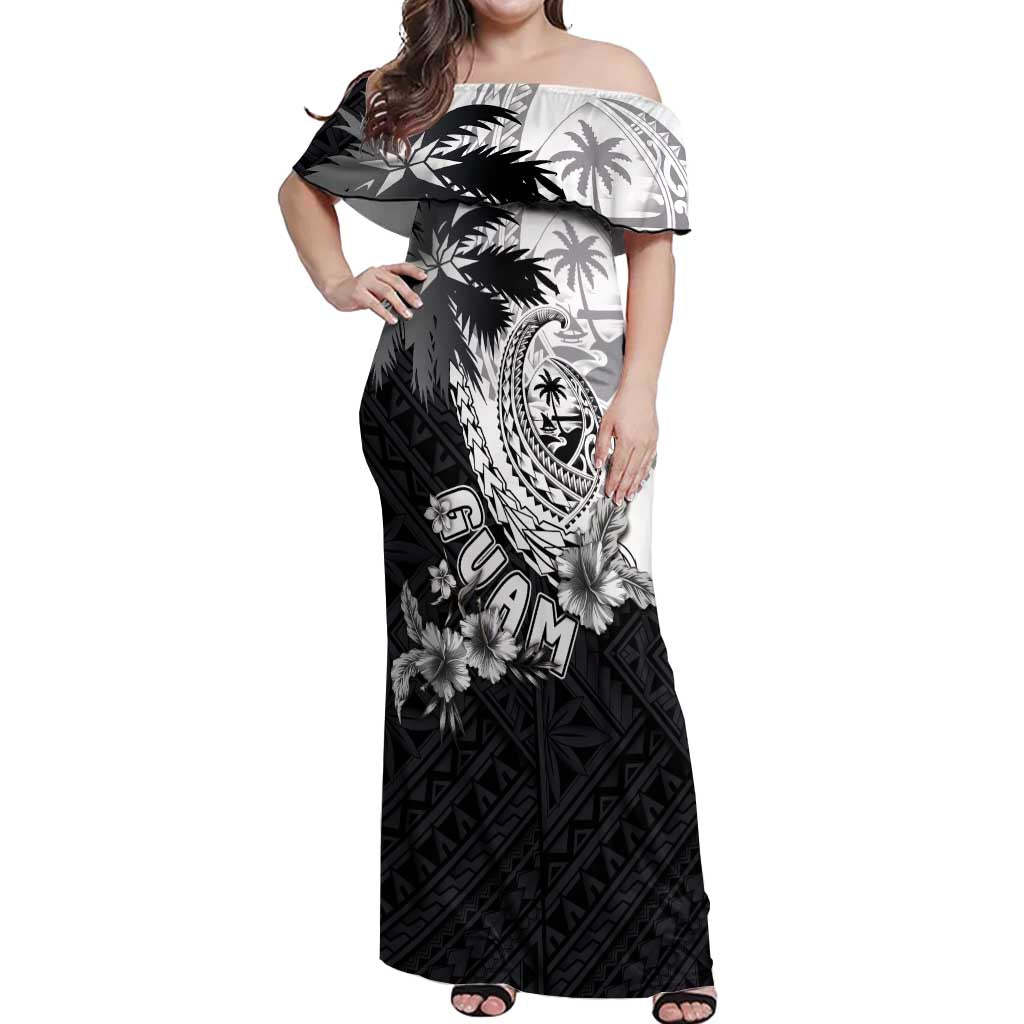 Hafa Adai Guam Off Shoulder Maxi Dress Polynesian Palm Tree Tattoo Hibiscus and Plumeria Art