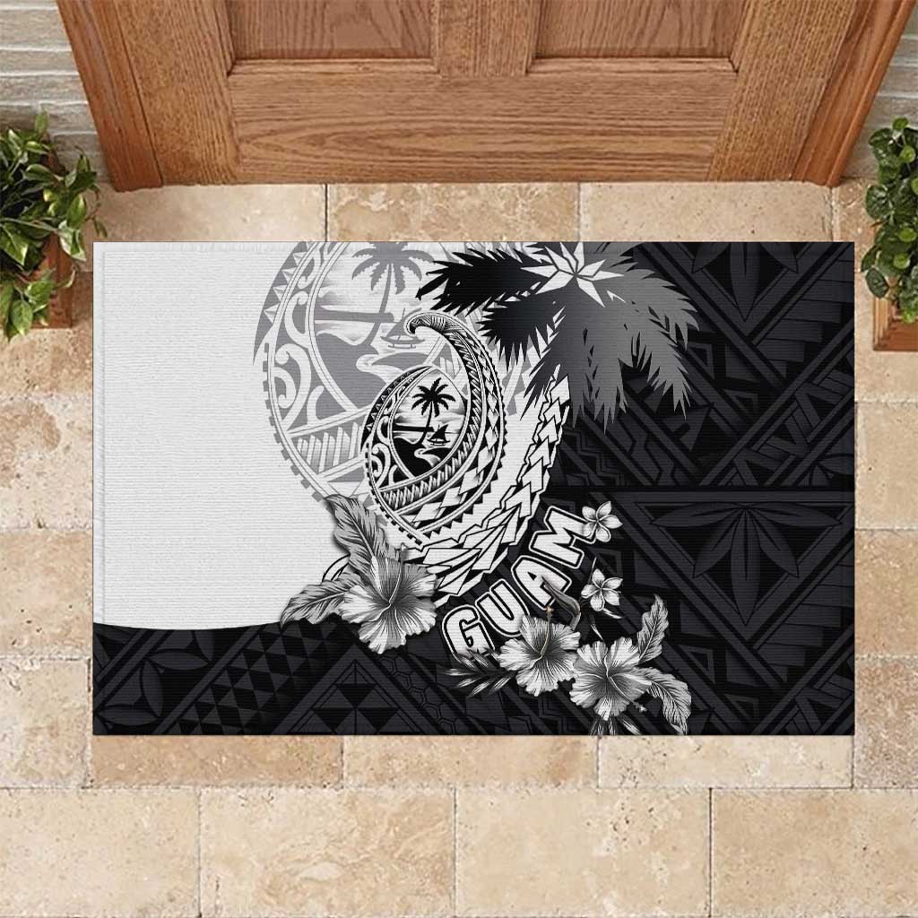 Hafa Adai Guam Rubber Doormat Polynesian Palm Tree Tattoo Hibiscus and Plumeria Art