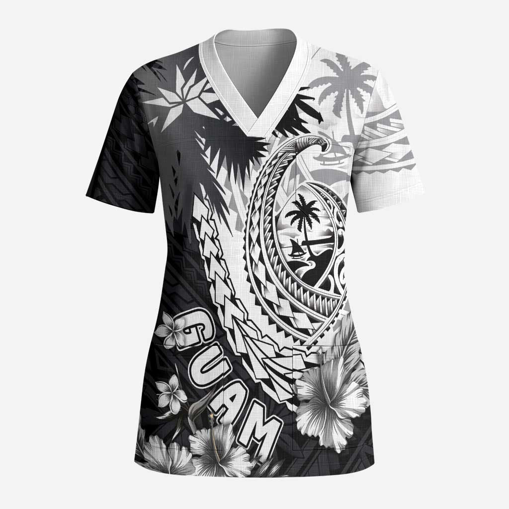 Hafa Adai Guam Scrub Top Polynesian Palm Tree Tattoo Hibiscus and Plumeria Art - Polynesian Pride