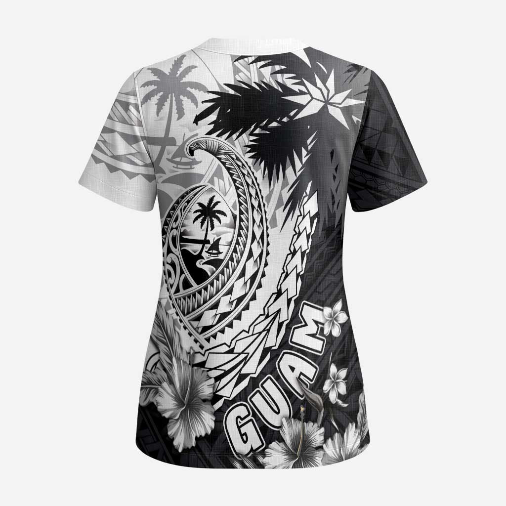Hafa Adai Guam Scrub Top Polynesian Palm Tree Tattoo Hibiscus and Plumeria Art - Polynesian Pride