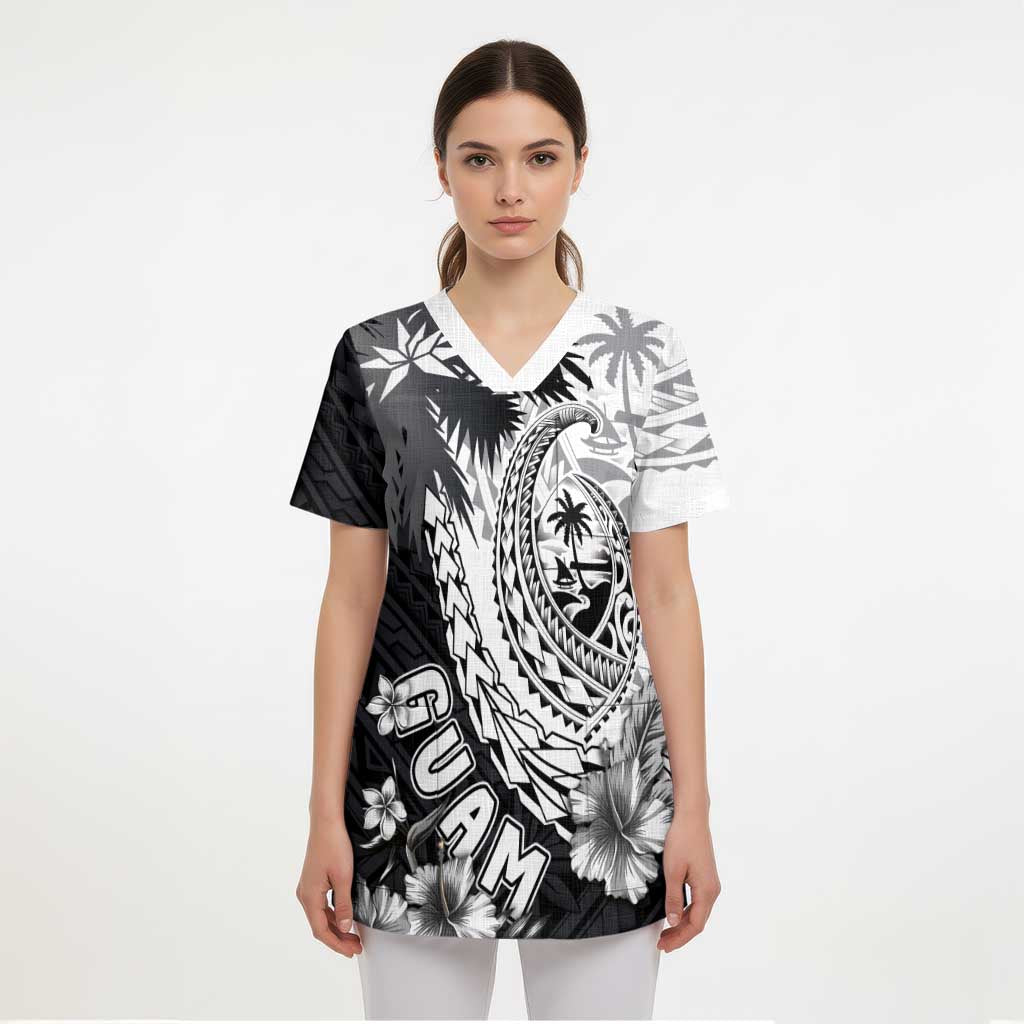 Hafa Adai Guam Scrub Top Polynesian Palm Tree Tattoo Hibiscus and Plumeria Art - Polynesian Pride