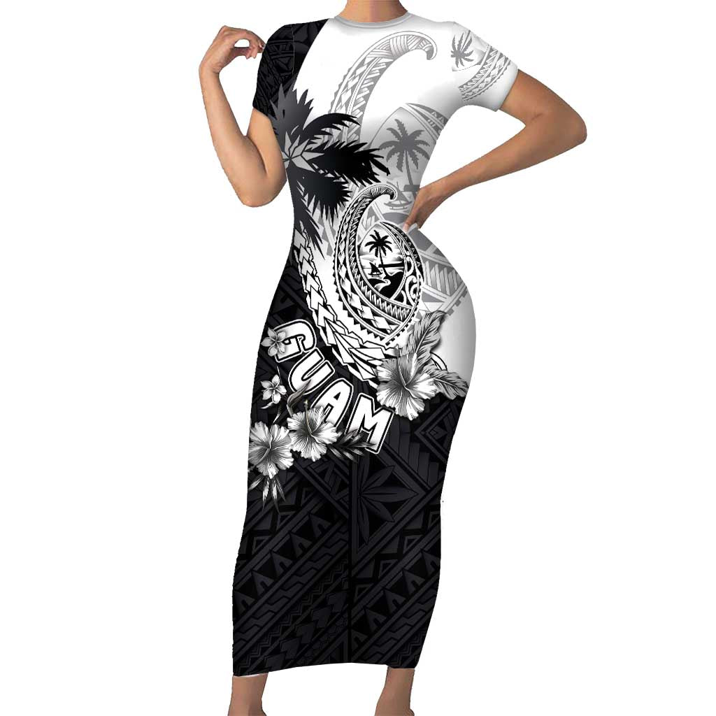 Hafa Adai Guam Short Sleeve Bodycon Dress Polynesian Palm Tree Tattoo Hibiscus and Plumeria Art