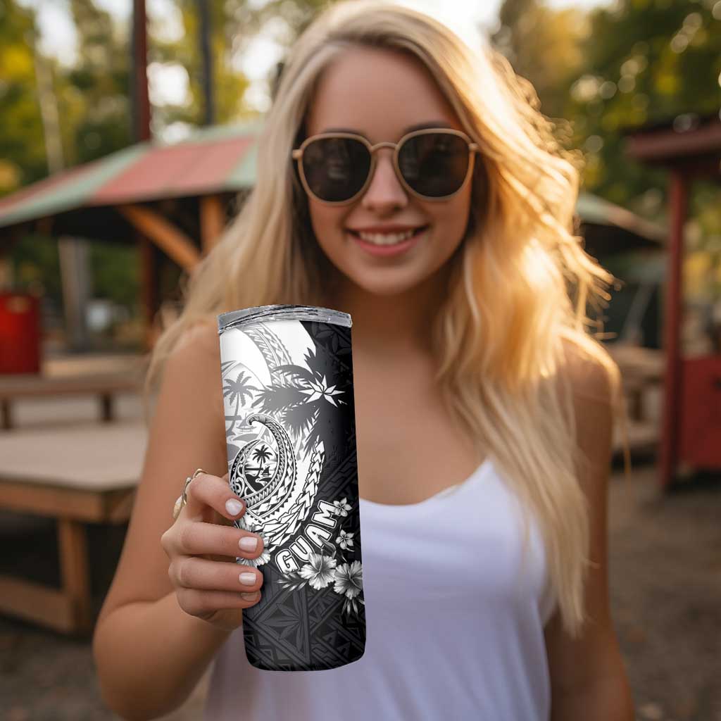 Hafa Adai Guam Skinny Tumbler Polynesian Palm Tree Tattoo Hibiscus and Plumeria Art