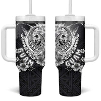 Hafa Adai Guam Tumbler With Handle Polynesian Palm Tree Tattoo Hibiscus and Plumeria Art