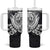 Hafa Adai Guam Tumbler With Handle Polynesian Palm Tree Tattoo Hibiscus and Plumeria Art