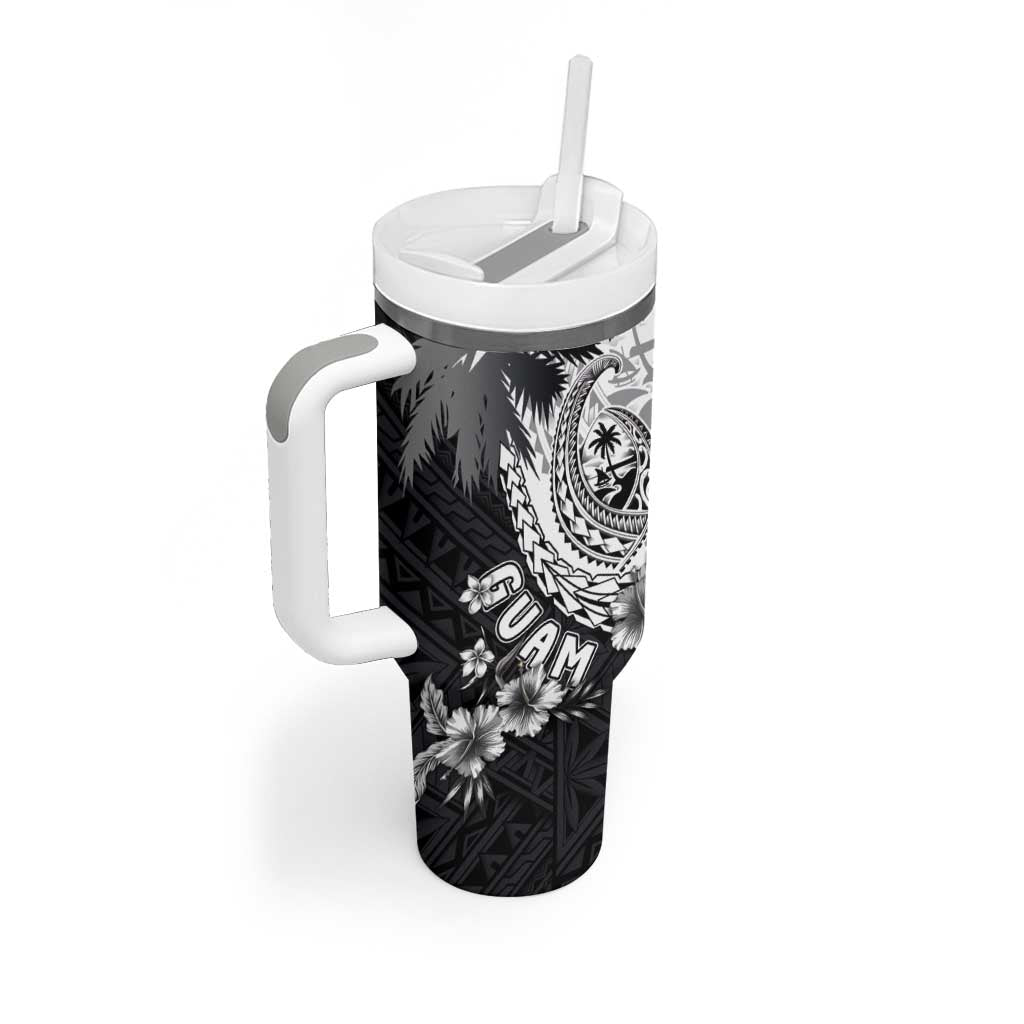 Hafa Adai Guam Tumbler With Handle Polynesian Palm Tree Tattoo Hibiscus and Plumeria Art