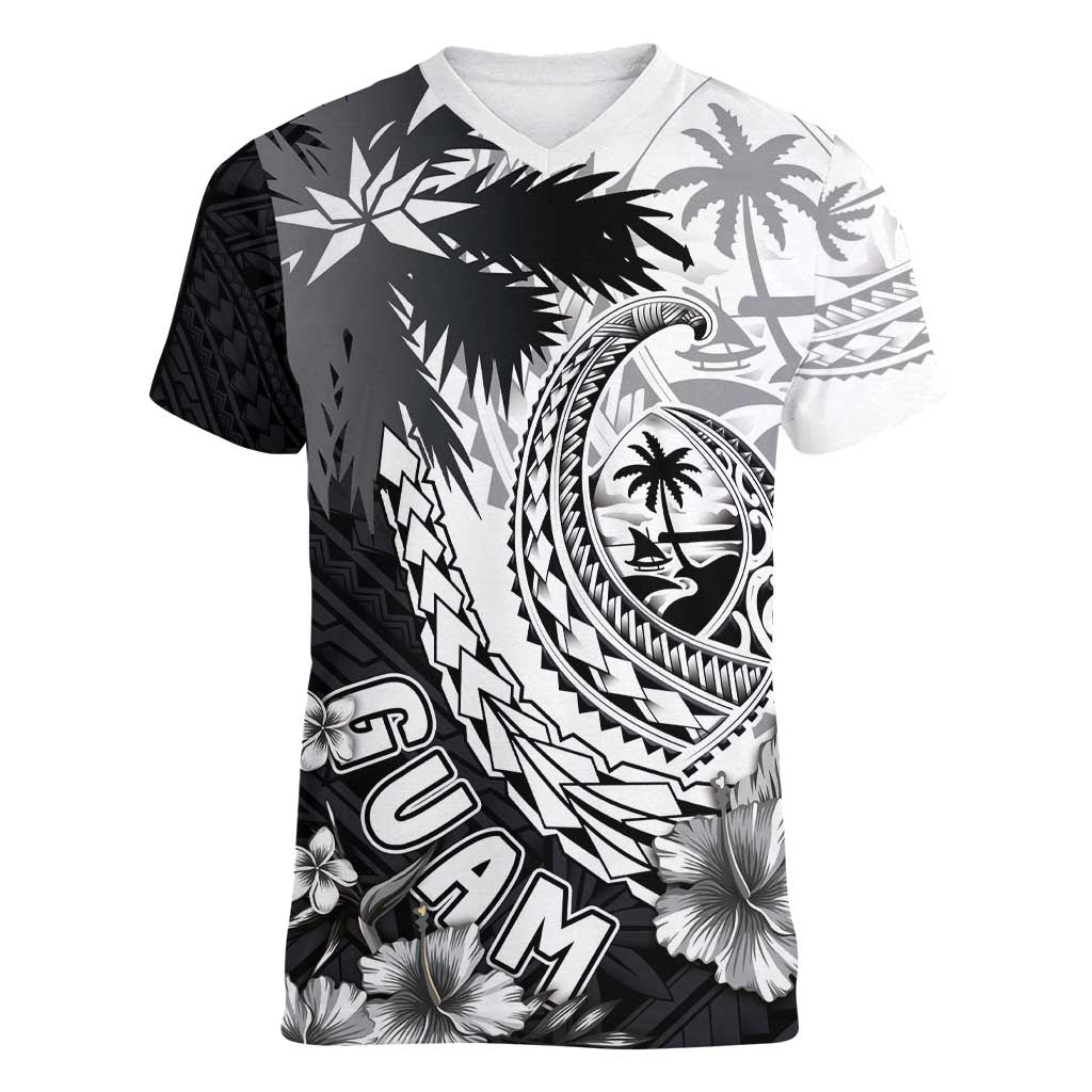 Hafa Adai Guam Women V-Neck T-Shirt Polynesian Palm Tree Tattoo Hibiscus and Plumeria Art