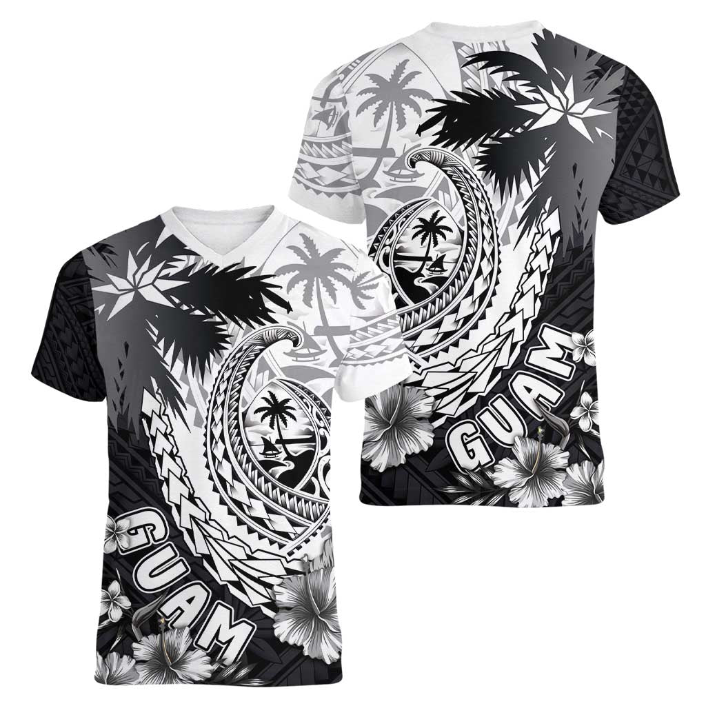 Hafa Adai Guam Women V-Neck T-Shirt Polynesian Palm Tree Tattoo Hibiscus and Plumeria Art