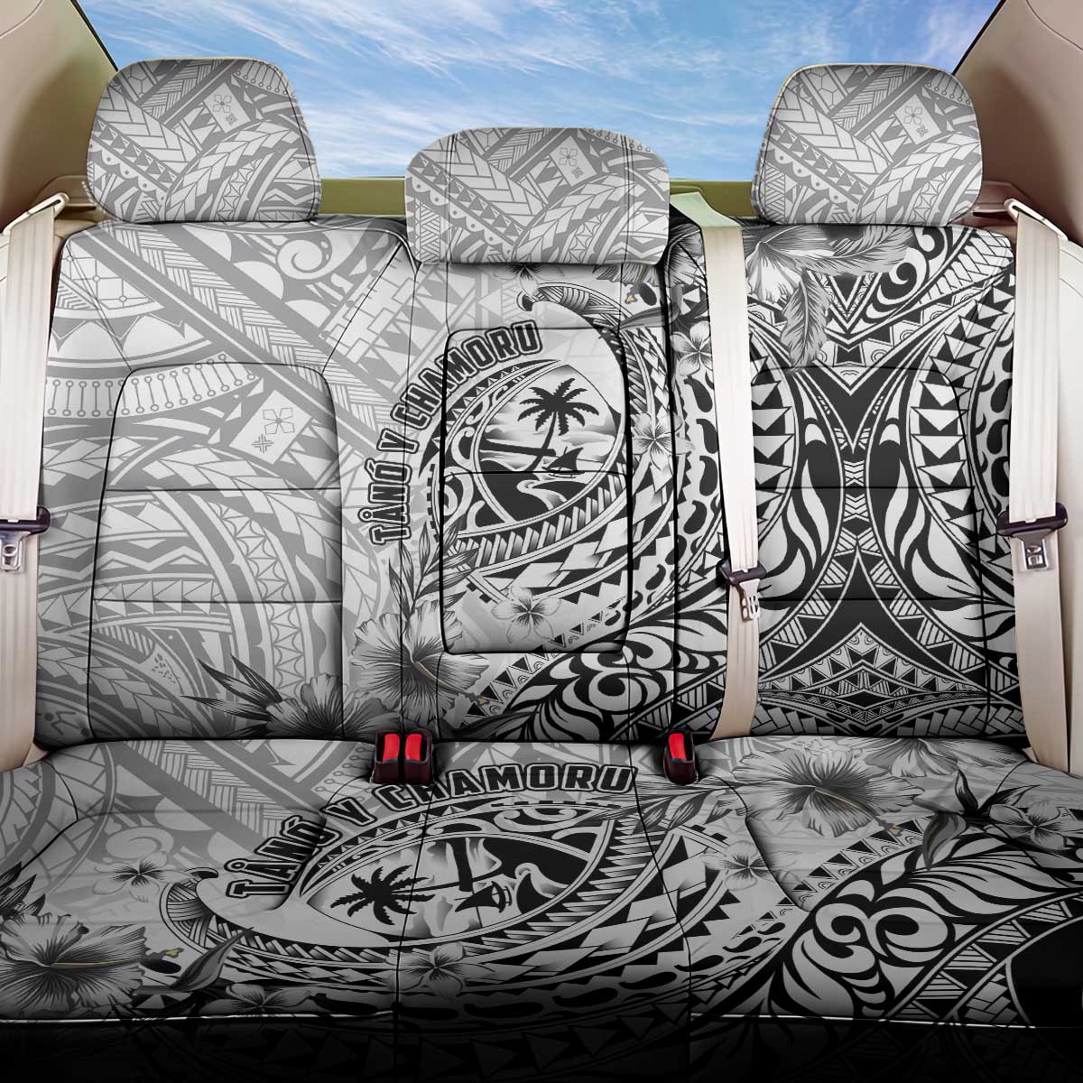 Guam-Land of the Chamorro Back Car Seat Cover Polynesian Tattoo Style Hibiscus and Plumeria Art