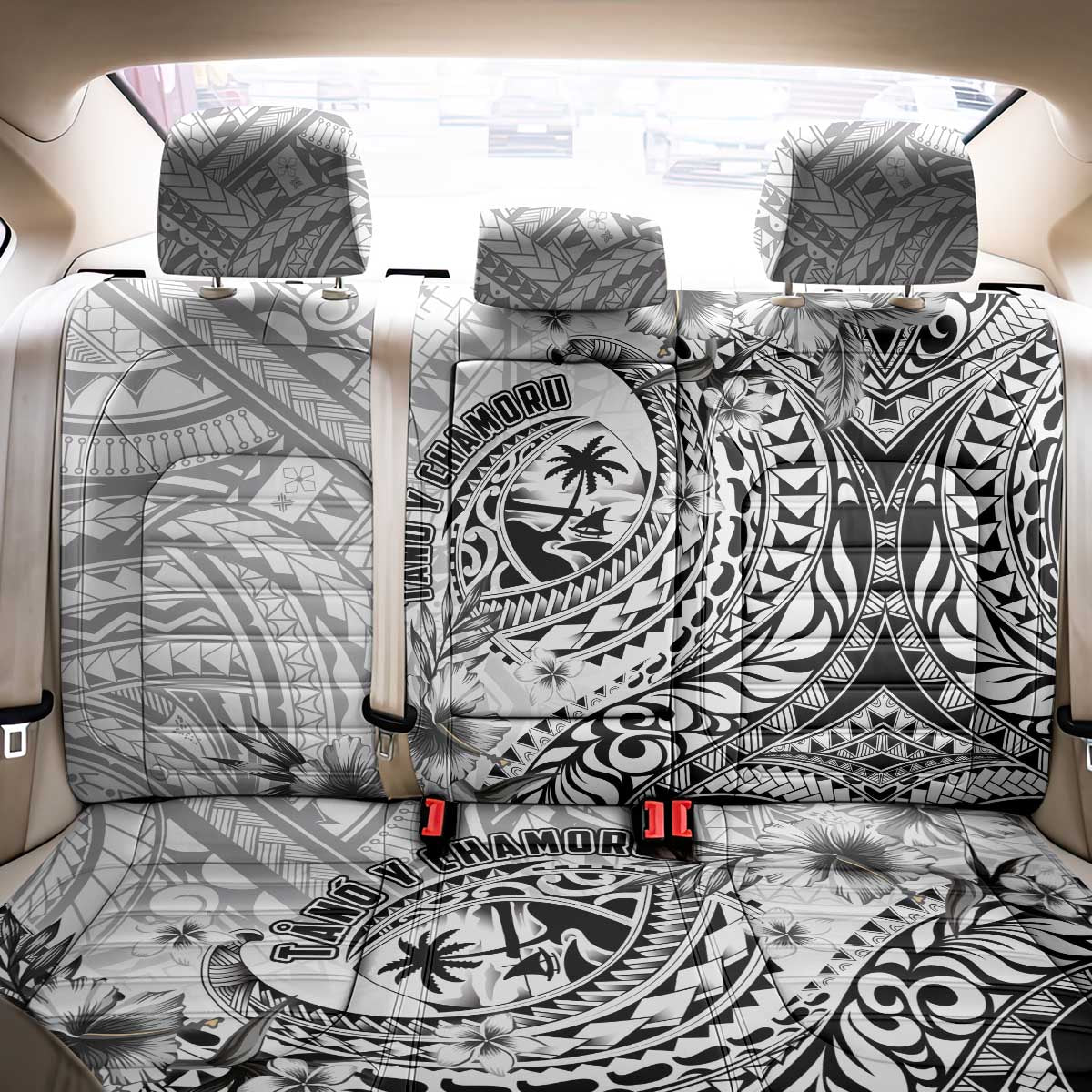 Guam-Land of the Chamorro Back Car Seat Cover Polynesian Tattoo Style Hibiscus and Plumeria Art