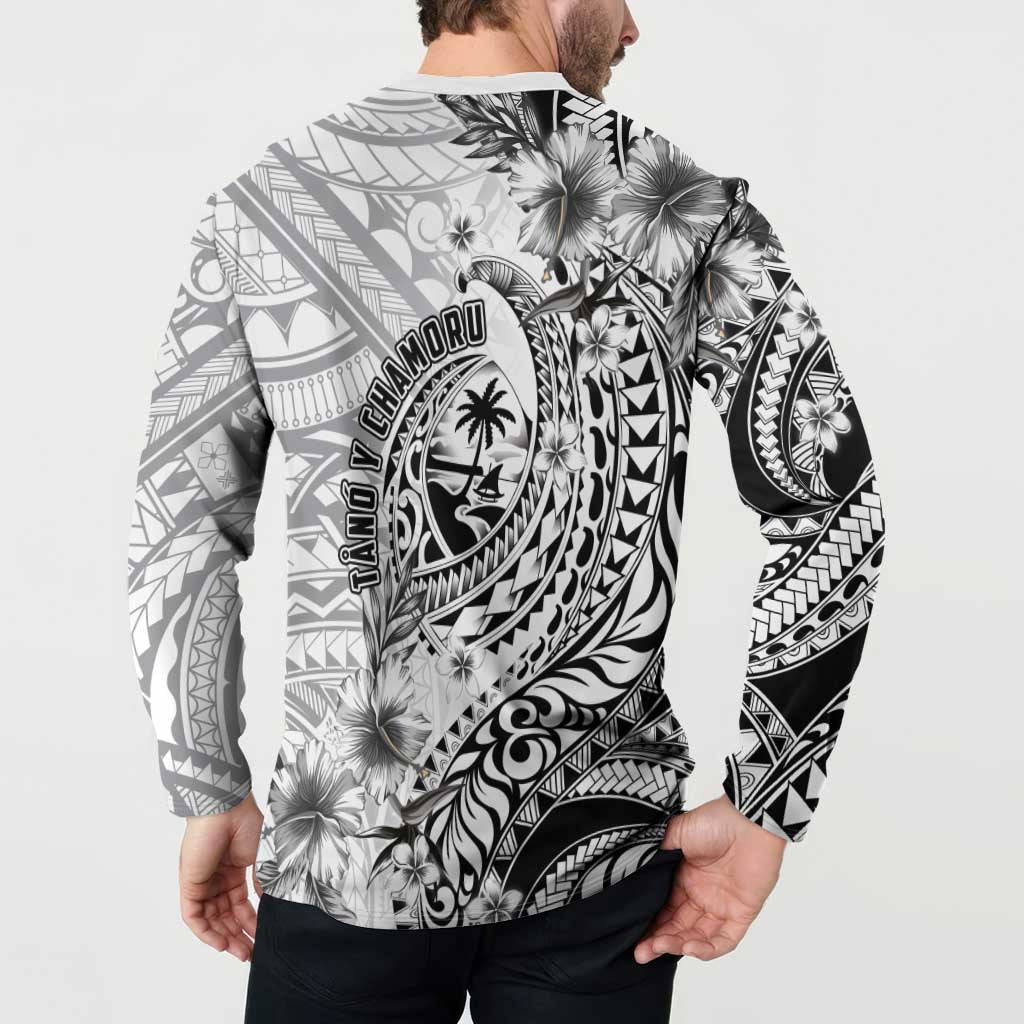 Guam-Land of the Chamorro Button Sweatshirt Polynesian Tattoo Style Hibiscus and Plumeria Art