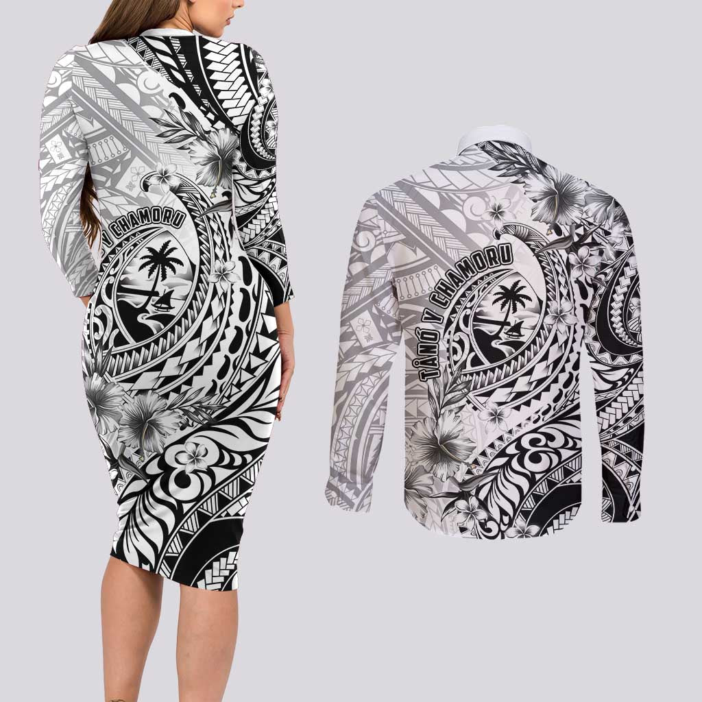 Guam-Land of the Chamorro Couples Matching Long Sleeve Bodycon Dress and Long Sleeve Button Shirt Polynesian Tattoo Style Hibiscus and Plumeria Art