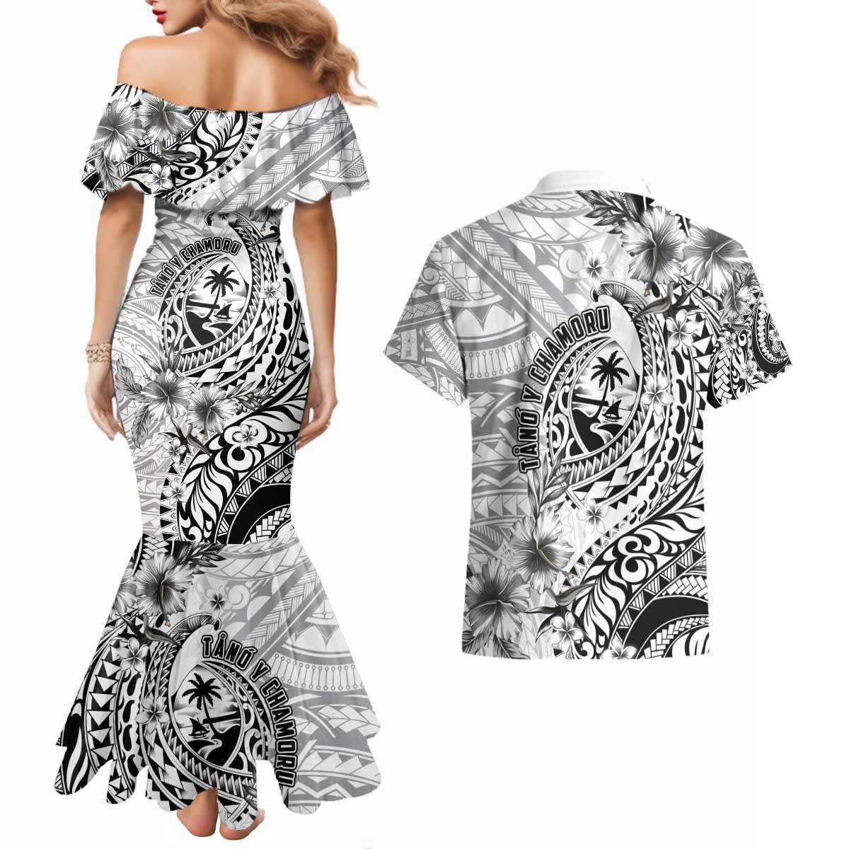 Guam-Land of the Chamorro Couples Matching Mermaid Dress and Hawaiian Shirt Polynesian Tattoo Style Hibiscus and Plumeria Art