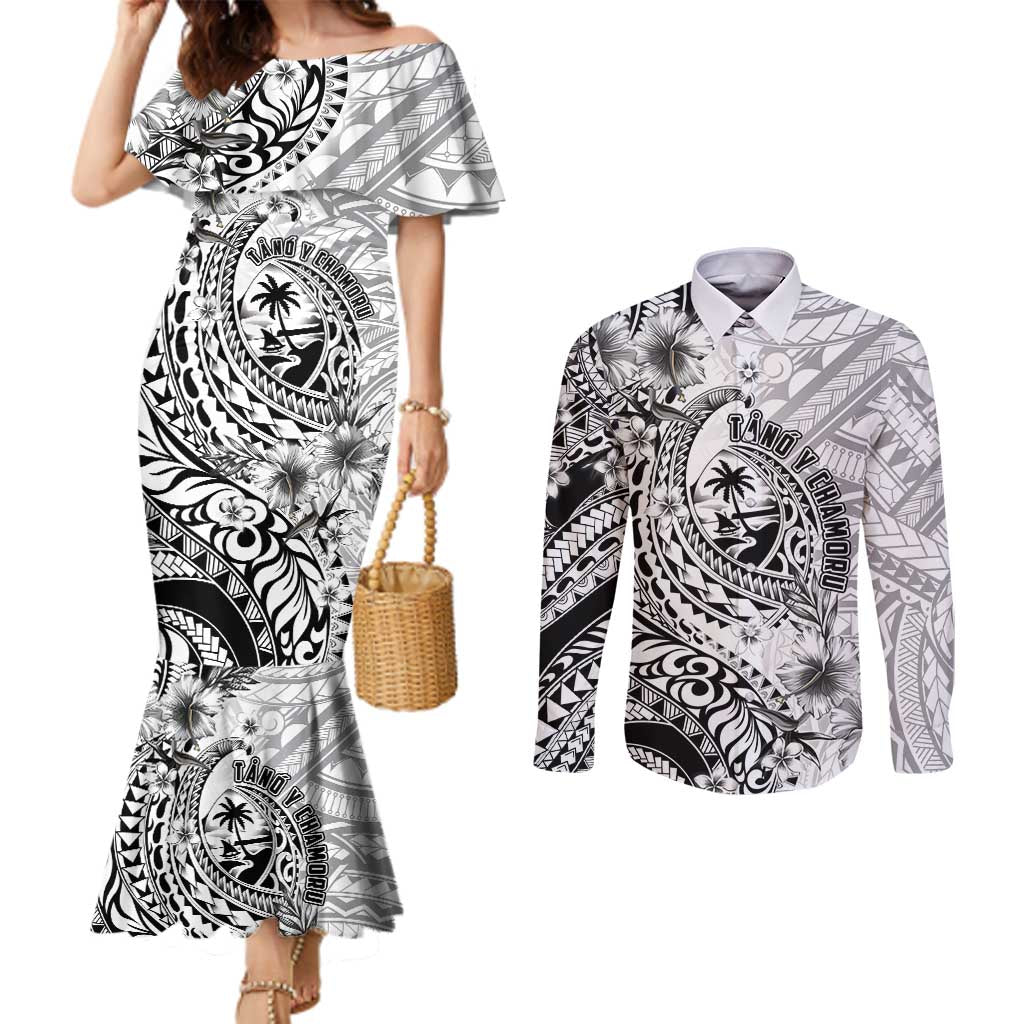 Guam-Land of the Chamorro Couples Matching Mermaid Dress and Long Sleeve Button Shirt Polynesian Tattoo Style Hibiscus and Plumeria Art