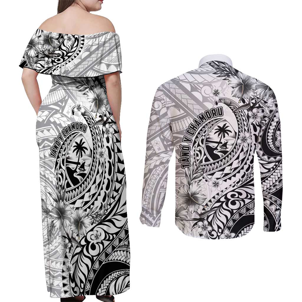 Guam-Land of the Chamorro Couples Matching Off Shoulder Maxi Dress and Long Sleeve Button Shirt Polynesian Tattoo Style Hibiscus and Plumeria Art