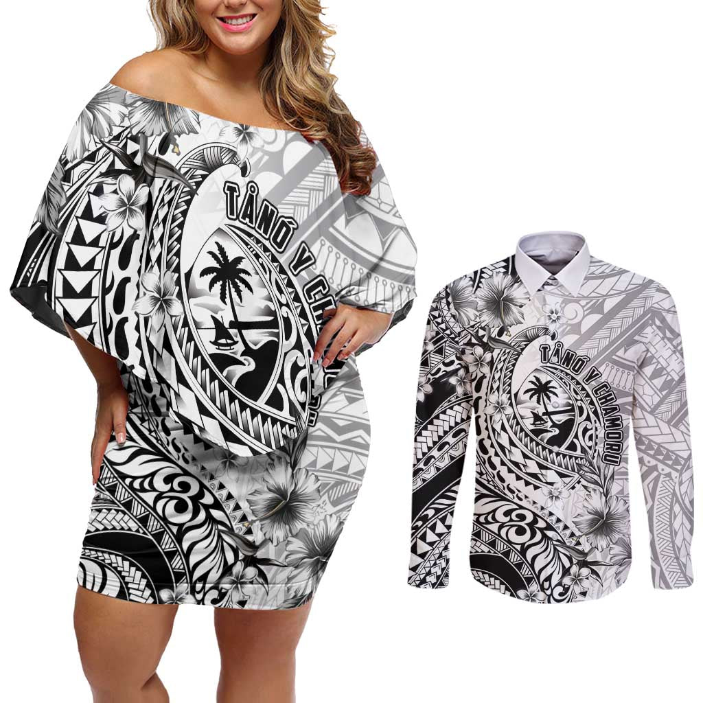 Guam-Land of the Chamorro Couples Matching Off Shoulder Short Dress and Long Sleeve Button Shirt Polynesian Tattoo Style Hibiscus and Plumeria Art