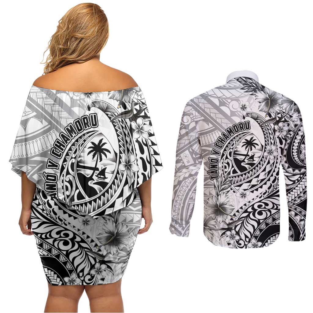Guam-Land of the Chamorro Couples Matching Off Shoulder Short Dress and Long Sleeve Button Shirt Polynesian Tattoo Style Hibiscus and Plumeria Art