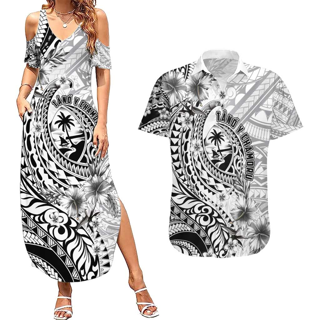 Guam-Land of the Chamorro Couples Matching Summer Maxi Dress and Hawaiian Shirt Polynesian Tattoo Style Hibiscus and Plumeria Art