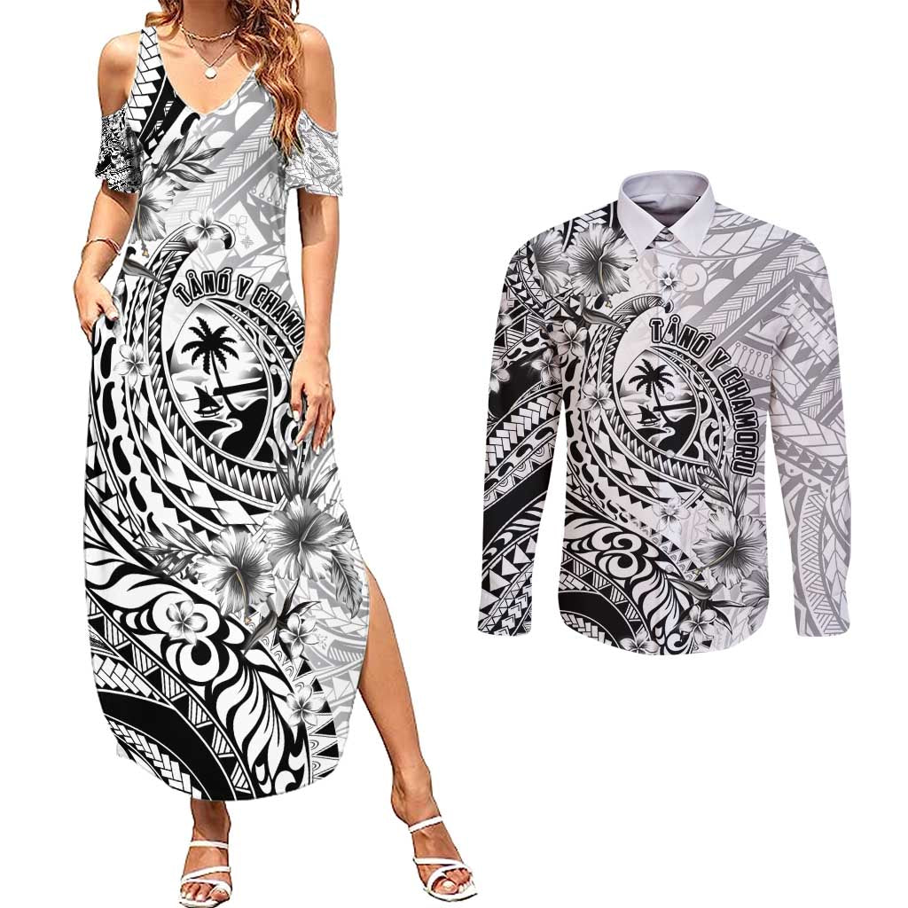 Guam-Land of the Chamorro Couples Matching Summer Maxi Dress and Long Sleeve Button Shirt Polynesian Tattoo Style Hibiscus and Plumeria Art